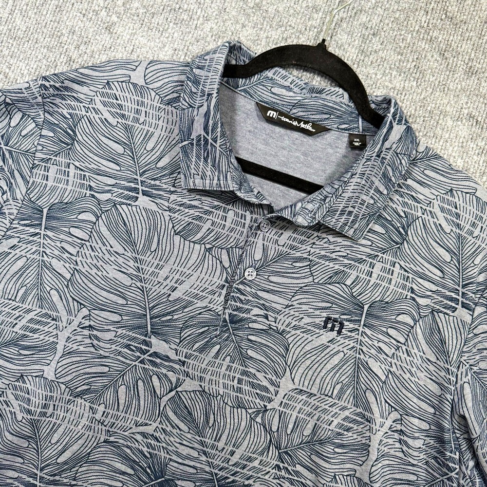 TravisMathew Mens XXL Golf Polo Shirt Blue Gray Tropical Floral Pima Cotton 2XL